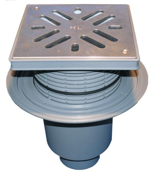 Perfektablauf DN110 senkrecht mit Dichtflansch und Wassergeruchsverschluss, 240x240mm / Edelstahlrost 226x226mm  HL616SW/1